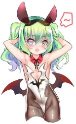 Rule 34 | 1girl, animal ears, arms up, bare arms, bare shoulders, bat ears, bat wings, black hairband, black ribbon, black wings, blue eyes, blush, brown pantyhose, collar, collarbone, cropped legs, detached collar, fake animal ears, green hair, hairband, hands in hair, leotard, long hair, low wings, multicolored eyes, neck ribbon, original, pantyhose, red collar, red eyes, red wings, ribbon, simple background, solo, speech bubble, strapless, strapless leotard, two side up, unname, white background, white leotard, wings