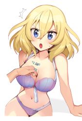 Rule 34 | 2girls, ^^^, andou (girls und panzer), angry, arm behind back, blonde hair, blue bra, blue eyes, blue nails, blue panties, bra, breasts, cleavage, commentary, cropped legs, dark-skinned female, dark skin, finger between breasts, frown, girls und panzer, large breasts, looking at viewer, medium hair, messy hair, multiple girls, nail polish, navel, open mouth, oshida (girls und panzer), out of frame, panties, simple background, skindentation, solo focus, standing, sweatdrop, tan (inka), underwear, underwear only, v-shaped eyebrows, white background