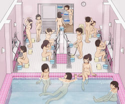 Rule 34 | 6+girls, bath, bathing, bathroom, black hair, from above, indoors, kiyo (kyokyo1220), multiple girls, nipples, nude, pink theme, roomscape, shower, sitting, tiles, undressing