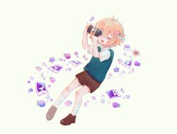 Rule 34 | 1boy, :3, :d, antenna hair, bandaid, bandaid on knee, bandaid on leg, basil (faraway) (omori), basil (omori), blonde hair, blush, brown footwear, brown shorts, camera, collared shirt, commentary, flower, full body, green sweater vest, highres, loafers, n (jyanmao), omori, open mouth, photo (object), shirt, shoes, short sleeves, shorts, sidelocks, simple background, smile, socks, solo, sparkle, sweater vest, taking picture, white background, white shirt, white socks
