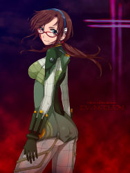 Rule 34 | 00s, 1girl, aqua eyes, arms at sides, ass, bad id, bad pixiv id, blood, blood on face, bodysuit, bracer, breasts, broken, broken eyewear, brown hair, copyright name, cowboy shot, dimples of venus, floating hair, from side, glasses, gloves, hattori masaki, highres, large breasts, light smile, long hair, looking at viewer, looking back, low twintails, makinami mari illustrious, neon genesis evangelion, parted bangs, pilot suit, plugsuit, rebuild of evangelion, red-framed eyewear, scrunchie, smile, solo, taut clothes, turtleneck, twintails