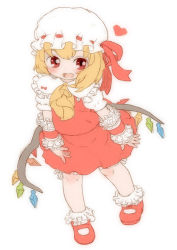 Rule 34 | 1girl, ascot, blonde hair, bow, fang, feral lemma, flandre scarlet, hat, heart, mary janes, mob cap, open mouth, red eyes, red footwear, red skirt, ruffled cuffs, shoes, skirt, solo, touhou, wings
