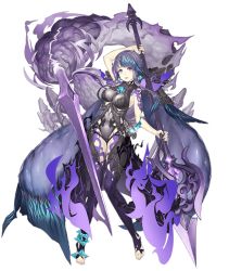 Rule 34 | 1girl, :d, absurdly long hair, anklet, bare shoulders, breasts, covered navel, earrings, empty eyes, fingernails, fins, full body, half-nightmare, jewelry, ji no, large breasts, long hair, looking at viewer, ningyo hime (sinoalice), official art, open mouth, pale skin, polearm, purple eyes, purple hair, sharp fingernails, sinoalice, smile, smoke, solo, spear, tattoo, toeless legwear, transparent background, very long hair, weapon