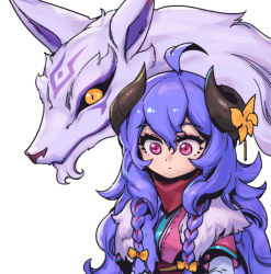 Rule 34 | 1girl, ahoge, alternate eye color, blue hair, bow, braid, curled horns, flower, hair between eyes, hair bow, hair flower, hair ornament, horn flower, horns, japanese clothes, kindred (league of legends), lamb (league of legends), league of legends, long hair, looking down, official alternate costume, official alternate hairstyle, phantom ix row, pink eyes, purple hair, spirit blossom (league of legends), spirit blossom kindred, twin braids, white fur, wolf (league of legends), yellow bow, yellow eyes