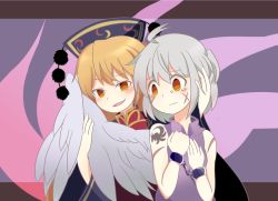 Rule 34 | 2girls, :d, blonde hair, blush, buna shimeji (keymush), chained wrists, chain, chinese clothes, collared dress, cuffs, dress, flame aura, frown, grey hair, hands on own chest, hat, headpat, junko (touhou), kishin sagume, long hair, multiple girls, open mouth, pom pom (clothes), prisoner, red eyes, scar, scar on face, scared, shackles, short hair, shoulder tattoo, smile, smirk, striped, striped background, tattoo, tears, touhou, wing hug, wings