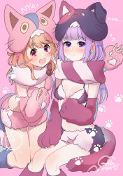 Rule 34 | 2girls, :3, :d, absurdres, aikatsu!, aikatsu! (series), animal costume, animal ears, animal hands, animal hat, bikini, blue ribbon, blunt bangs, blush, boyshort panties, breasts, cat, cat costume, cat ears, cat hat, cat tail, cleavage, closed mouth, cowboy shot, elbow gloves, embarrassed, fake animal ears, fake tail, fingerless gloves, flying sweatdrops, fur bikini, geshumaro, gloves, hair ribbon, hat, highres, hikami sumire, kneeling, leaning forward, long hair, looking at viewer, midriff, multicolored clothes, multicolored scarf, multiple girls, navel, nose blush, open mouth, orange hair, ozora akari, paw gloves, paw print, paw shoes, pink background, pink bikini, pink eyes, pink gloves, pink ribbon, pink scarf, purple bikini, purple eyes, purple scarf, ribbon, romaji text, scarf, shiny skin, short hair, shorts, signature, simple background, sitting, small breasts, smile, spaghetti strap, stomach, striped clothes, striped scarf, swimsuit, tail, two-tone bikini