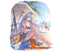 Rule 34 | 4girls, bare shoulders, barefoot, beach, beach umbrella, bikini, blue sky, braid, breasts, camieux, cleavage, closed mouth, cloud, cloudy sky, cocktail glass, collarbone, cup, dagger, day, draph, drinking glass, drinking straw, farrah (granblue fantasy), full body, granblue fantasy, gun, hat, holding, innertube, knife, large breasts, long hair, looking at viewer, midriff, minaba hideo, multiple girls, navel, ocean, official art, outdoors, rifle, sandals, silva (granblue fantasy), sitting, sky, smile, sniper rifle, standing, stomach, swim ring, swimsuit, thigh strap, toes, transparent background, tweyen (granblue fantasy), umbrella, water, weapon, yellow eyes