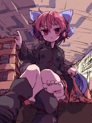 Rule 34 | 1girl, black footwear, black shirt, blue bow, bow, collared shirt, commentary, feet, full body, hair bow, indoors, isu (is88), long sleeves, looking at viewer, open mouth, red eyes, red hair, sekibanki, shirt, short hair, sitting, soles, solo, touhou