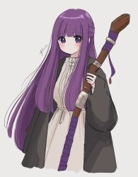 Rule 34 | 1girl, black robe, blush, collar, dress, fern (sousou no frieren), frilled collar, frills, holding, holding wand, long hair, looking at viewer, pina, purple eyes, purple hair, purple ribbon, ribbon, robe, sidelocks, simple background, solo, sousou no frieren, upper body, wand, white background, white dress