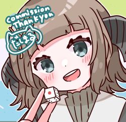 Rule 34 | 1girl, blue eyes, blush, brown hair, commission, dasimaru000000, dice, dot nose, english text, eyebrows, female focus, horns, indie virtual youtuber, looking at viewer, open mouth, sainome dice, signature, skeb commission, solo, teeth, virtual youtuber