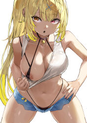 Rule 34 | 1girl, absurdres, areola slip, bare arms, black bra, black panties, blonde hair, blue shorts, bra, breasts, choker, clothes pull, collarbone, covered erect nipples, hair ornament, heterochromia, highleg, highleg panties, highres, hoshikawa sara, hoshikawa sara (1st costume), kuroi suna, large breasts, leaning forward, long hair, looking at viewer, navel, nijisanji, open clothes, open mouth, open shorts, orange eyes, panties, red eyes, short shorts, shorts, side ponytail, solo, tank top, underwear, virtual youtuber, white background, white tank top, x hair ornament