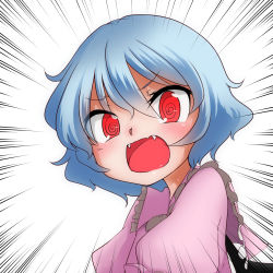 Rule 34 | 1girl, @ @, blue hair, blush, emphasis lines, fangs, highres, kameyan, no headwear, open mouth, red eyes, remilia scarlet, short hair, solo, touhou, upper body, white background, wings