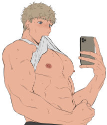 Rule 34 | 1boy, abs, bara, bare pectorals, bare shoulders, blonde hair, clothes in mouth, clothes lift, flat color, flexing, large pectorals, male focus, mouth hold, muscular, navel, navel hair, nipples, original, otototo, pectorals, phone, selfie, shirt in mouth, shirt lift, short hair, solo, sweat, tank top, upper body, white background, white tank top