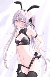 Rule 34 | absurdres, animal ears, armband, black armband, black bow, black bowtie, black gloves, black hairband, black panties, black ribbon, black thighhighs, bow, bowtie, bra, breasts, detached collar, gloves, hair between eyes, hair ornament, hair ribbon, hairband, highleg, highleg panties, highres, lis 111, long hair, midriff, navel, original, panties, purple eyes, rabbit ears, rabbit hair ornament, ribbon, ribbon-trimmed bra, ribbon-trimmed collar, ribbon-trimmed gloves, ribbon-trimmed panties, ribbon trim, sidelocks, small breasts, strapless, thighhighs, twintails, underwear, white background