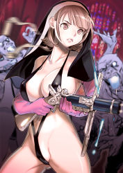 Rule 34 | 1girl, antique firearm, blonde hair, breasts, casing ejection, church, cleavage, dutch angle, dytm, elbow gloves, covered erect nipples, gun, firelock, flintlock, frown, gloves, gun, habit, highres, indoors, large breasts, navel, nun, nun (dtym), original, pink gloves, revealing clothes, shell casing, short hair, sideboob, slingshot swimsuit, smoke, smoking barrel, solo focus, stained glass, strap gap, swimsuit, weapon, yellow eyes, zombie