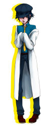 Rule 34 | 1girl, androgynous, atlus, bad id, bad pixiv id, belt, blue eyes, blue hair, cabbie hat, crossdressing, dark persona, hat, highres, lab coat, matching hair/eyes, necktie, open mouth, oversized clothes, pants, persona, persona 4, reverse trap, satou (katjes79), satou (pixiv), shadow (persona), shirogane naoto, shoes, short hair, solo, standing, wavy hair