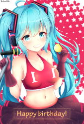 Rule 34 | 1girl, antenna hair, blue eyes, blue hair, blush, breasts, brown skirt, commentary request, crop top, endsmall min, gloves, grin, hair between eyes, hair ornament, happy birthday, hatsune miku, headphones, highres, long hair, looking at viewer, medium breasts, microphone, midriff, navel, pleated skirt, red gloves, sidelocks, signature, skirt, smile, solo, star (symbol), twintails, v-shaped eyebrows, very long hair, vocaloid