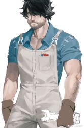 Rule 34 | 1boy, bara, beard, black hair, chest hair, collared shirt, cowboy shot, facial hair, hair over one eye, highres, holding, holding wrench, male focus, mature male, mechanic, muscular, muscular male, mustache, original, overalls, partially unbuttoned, pectoral cleavage, pectorals, pencil, shirt, short hair, solo, thick eyebrows, unfinished, wrench, yuuko (yuuko891)