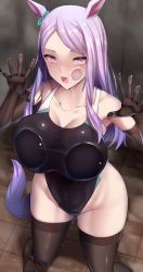 Rule 34 | 1girl, absurdres, against glass, alternate breast size, animal ears, bad id, bad pixiv id, bare shoulders, big shine, black gloves, black one-piece swimsuit, black thighhighs, blush, breasts, collarbone, elbow gloves, gloves, highres, horse ears, horse girl, horse tail, large breasts, long hair, looking at viewer, mejiro mcqueen (umamusume), one-piece swimsuit, open mouth, parted bangs, purple eyes, purple hair, solo, swept bangs, swimsuit, tail, thighhighs, thighs, umamusume