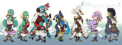 Rule 34 | 2girls, 5boys, amali (zelda), animal feet, anklet, aqua fur, arm at side, armor, arms at sides, arms behind back, bare shoulders, beak, belt, bird boy, bird girl, bird legs, bird tail, black fur, black hair, blonde hair, blue background, blue eyes, blue fur, blue hair, blush stickers, body fur, braid, breastplate, claws, clenched hands, closed mouth, copyright name, earrings, english text, feather hair ornament, feathers, from behind, from side, full body, furry, furry female, furry male, fyson (zelda), gradient background, green eyes, green fur, hair ornament, hair tubes, hairband, hand on own hip, hand to own mouth, hand up, hands up, happy, harth (zelda), heel up, highres, hoop earrings, husband and wife, jewelry, kass, leg warmers, looking at viewer, looking back, medium hair, multicolored fur, multiple boys, multiple girls, nintendo, open mouth, own hands together, paper, pink hair, purple fur, red feathers, red shirt, revali, rito, saki (zelda), scarf, scroll, shirt, short hair, shoulder pads, sleeveless, sleeveless shirt, smile, standing, swept bangs, tail, teba (zelda), the legend of zelda, the legend of zelda: breath of the wild, thick eyebrows, ukata, v-shaped eyebrows, white fur, white hair, white hairband, white scarf, white shirt, winged arms, wings, yellow eyes, yellow fur