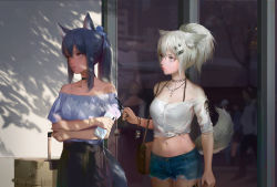Rule 34 | 2girls, a-m-one, animal ears, arknights, bag, bangle, bare shoulders, black choker, black nails, blue hair, blue ribbon, blue shirt, bracelet, breasts, cameo, cellphone, character charm, character doll, charm (object), chinese commentary, choker, closed mouth, collarbone, commentary request, cowboy shot, crossed arms, cutoffs, dappled sunlight, denim, denim shorts, ear piercing, fingernails, grey eyes, hair ornament, hair ribbon, hairclip, highres, holding, holding phone, jewelry, lappland (arknights), lips, lipstick, long hair, makeup, material growth, medium breasts, midriff, multiple girls, nail polish, navel, off-shoulder shirt, off shoulder, oripathy lesion (arknights), outdoors, pendant, phone, piercing, ponytail, ribbon, rolling suitcase, scar, shadow, shirt, short shorts, short sleeves, shorts, shoulder bag, sidelocks, smartphone, suitcase, sunlight, tail, texas (arknights), white hair, white shirt, yellow eyes
