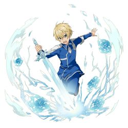 Rule 34 | 1boy, blonde hair, blue eyes, blue flower, blue jacket, blue pants, blue rose, blue rose sword, eugeo, flower, hair between eyes, highres, holding, holding sword, holding weapon, jacket, long sleeves, male focus, official art, open mouth, outstretched arm, pants, rose, solo, sword, sword art online, transparent background, weapon