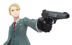 Rule 34 | 1boy, black gloves, blonde hair, blue eyes, collared shirt, commentary, formal, gloves, green suit, green vest, gun, handgun, highres, holding, holding gun, holding weapon, male focus, naxile, red tie, shirt, short hair, simple background, solo, spy x family, suit, twilight (spy x family), vest, walther, walther ppk, weapon, white background, white shirt