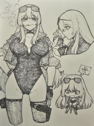 Rule 34 | 1girl, character request, chibi, choker, cigarette, epeulu (ate5424), fingerless gloves, glasses on head, gloves, gun, highres, monochrome, multiple views, thigh strap, thighhighs, traditional media, weapon