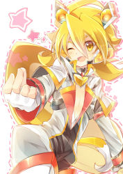 Rule 34 | 1boy, blonde hair, coat, fang, fingerless gloves, gloves, long sleeves, looking at viewer, male focus, one eye closed, open mouth, outstretched arms, rento (rukeai), saikyou ginga ultimate zero ~battle spirits~, smile, snapping fingers, solo, spiked hair, star (symbol), starry background, white coat, white gloves, yellow eyes, zero the glint