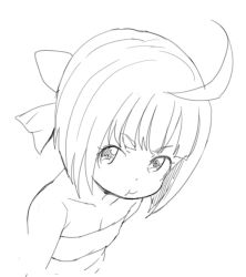 Rule 34 | 1girl, :t, ahoge, bandeau, bare shoulders, battle spirits, battle spirits: burning soul, bikini, blunt bangs, bob cut, bow, dutch angle, flat chest, from above, greyscale, hair bow, looking at viewer, midoriyama okuni, monochrome, ookamiuo, pout, short hair, simple background, sketch, solo, swimsuit, upper body, white background