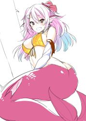Rule 34 | 1girl, :d, absurdres, ass, bare shoulders, bikini, blush, bow, breasts, brown eyes, butt crack, elbow gloves, fins, gloves, hair between eyes, hair bow, head fins, highres, large breasts, limited palette, looking at viewer, mermaid, monster girl, open mouth, original, pink hair, red bow, shell hair ornament, simple background, smile, solo, suruga (xsurugax), swimsuit, white background, yellow bikini