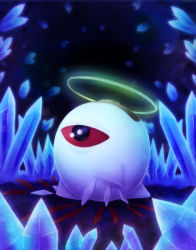 Rule 34 | angel, bandaid, colored sclera, crystal, gradient background, halo, kirby (series), kirby 64, monster, nintendo, no humans, red eyes, red sclera, solo, wings, zero two (kirby)