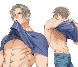 Rule 34 | 1boy, abs, bara, blue eyes, blue pants, blue shirt, brown hair, clothes lift, curtained hair, facial hair, large pectorals, leon s. kennedy, male focus, muscular, muscular male, navel, nipples, pants, pectorals, resident evil, resident evil 4, resident evil 4 (remake), shirt, shirt lift, short hair, simple background, solo, stubble, tatsumi (psmhbpiuczn), white background