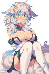 Rule 34 | 1girl, ahoge, animal ears, blue hair, breasts, cleavage, collar, collarbone, condom, condom in mouth, condom wrapper, detached sleeves, green eyes, kuromiya, large breasts, long hair, mouth hold, multicolored hair, original, shiromiya asuka, short hair, sitting, solo, tail, thighhighs, two-tone hair, white background, white hair, white thighhighs