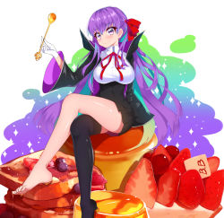 Rule 34 | 1girl, barefoot, bb (fate), bb (fate/extra), black coat, black skirt, black thighhighs, blueberry, blush, breasts, cheesecake, closed mouth, coat, crossed legs, fate/extra, fate/extra ccc, fate (series), food, french toast, fruit, gloves, hair ribbon, high-waist skirt, highres, large breasts, legs, leotard, long hair, long sleeves, looking at viewer, neck ribbon, open clothes, open coat, oversized food, oversized object, popped collar, pudding, purple eyes, purple hair, red ribbon, ribbon, single thighhigh, sitting, skirt, smile, solo, sparkle, spoon, strawberry, syrup, thighhighs, very long hair, white background, white gloves, white leotard, wide sleeves, yuruto