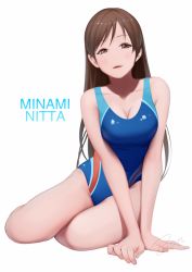 Rule 34 | 10s, 1girl, bon nob, breasts, brown eyes, brown hair, character name, cleavage, competition swimsuit, idolmaster, idolmaster cinderella girls, idolmaster cinderella girls starlight stage, long hair, looking at viewer, medium breasts, nitta minami, one-piece swimsuit, revision, simple background, sitting, solo, swimsuit, yokozuwari