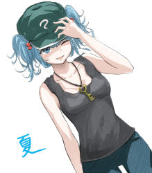 Rule 34 | 1girl, bare shoulders, blue eyes, blue hair, breasts, collarbone, cowboy shot, denim, hair bobbles, hair ornament, hand on headwear, hat, hatching (texture), highres, jeans, jewelry, kashiwada kiiho, kawashiro nitori, key, key necklace, matching hair/eyes, necklace, one eye closed, open mouth, pants, short twintails, shy, simple background, small breasts, smile, solo, tank top, touhou, twintails, two side up, white background