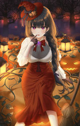Rule 34 | 1girl, absurdres, black gloves, blouse, blunt bangs, blush, bow, bowtie, braid, broom, collarbone, commentary request, dress, eyebrows, gloves, hair over shoulder, half gloves, halloween, hat, highres, huge filesize, jack-o&#039;-lantern, jisu lee, lamp, large areolae, long braid, long hair, long skirt, original, outdoors, plant, pumpkin, purple eyes, red bow, red bowtie, red dress, red hat, red lips, red skirt, shirt, single braid, sitting, skirt, smile, solo, teardrop tattoo, white shirt, witch hat