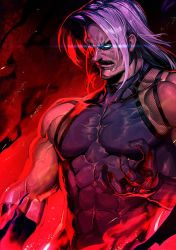 Rule 34 | abs, biceps, black gloves, black tank top, commentary request, earrings, facial hair, gloves, glowing, glowing eye, hand up, jewelry, medium hair, muscular, muscular male, onono imoko, pectorals, red eyes, rugal bernstein, silver hair, solo, tank top, the king of fighters, veins, white eyes