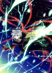 Rule 34 | bad id, bad pixiv id, belt, black pants, coat, electricity, fire, flying, lightning bolt symbol, long sleeves, lucifer (star ocean), magic, mutsuki lemon, outstretched arms, pants, pointy ears, red eyes, silver hair, sky, space, sparkle, star (sky), star ocean, star ocean the second story, starry sky