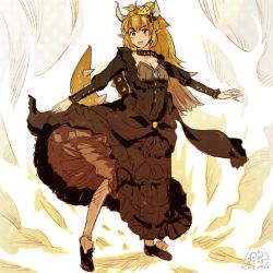 Rule 34 | 1girl, :d, black dress, black footwear, blonde hair, blue eyes, blush, bowsette, bracelet, collar, crown, dated, dress, full body, horns, jewelry, long sleeves, looking at viewer, mario (series), new super mario bros. u deluxe, nintendo, open mouth, pointy ears, ponytail, shell, shoes, sidelocks, simple background, smile, solo, spiked bracelet, spiked collar, spikes, standing, super crown, wata5119, white background, white legwear