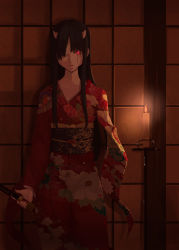 Rule 34 | 10s, 1girl, amputee, bandaged head, black hair, candle, candlelight, chain chronicle, collarbone, highres, holding, holding sword, holding weapon, horns, japanese clothes, katana, kimono, long hair, looking at viewer, mirufi-yu, nail polish, oni, parted lips, red eyes, red nails, sash, sheath, sheathed, solo, sword, weapon