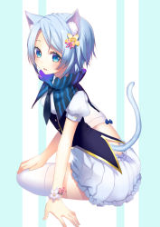 Rule 34 | 1girl, animal ear fluff, animal ears, asagi yuna, bad id, bad pixiv id, blue eyes, blue hair, butt crack, capelet, cat ears, cat tail, flower, flower bracelet, hair flower, hair ornament, highres, looking at viewer, looking back, matching hair/eyes, necktie, open clothes, open mouth, open vest, original, puffy short sleeves, puffy sleeves, shirt, short hair, short sleeves, sitting, skirt, solo, tail, thighhighs, vest, white thighhighs, zettai ryouiki