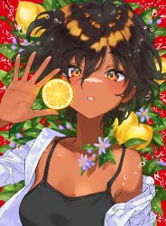 Rule 34 | 1girl, absurdres, bare shoulders, black tank top, blush, breasts, brown eyes, brown hair, cleavage, closed mouth, collarbone, cross-eyed, dark-skinned female, dark skin, flower, food, fruit, green eyes, hair between eyes, hair flower, hair ornament, highres, holding, holding food, incredibly absurdres, leaf, lemon, long sleeves, looking at viewer, lying, medium breasts, multicolored eyes, off shoulder, on back, open clothes, original, parted lips, red background, red eyes, saitou naoki, shirt, short hair, solo, tank top, upper body, water drop, white shirt