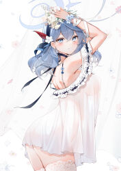 Rule 34 | 1girl, absurdres, ako (blue archive), alternate costume, ass, blue archive, blue eyes, blue hair, blue hairband, blush, breasts, chemise, earrings, falling flower, falling petals, flower, hairband, halo, highres, holding, holding flower, jewelry, lace, lace-trimmed legwear, lace trim, looking at viewer, looking to the side, medium breasts, off shoulder, petals, see-through, see-through chemise, shoulder blades, solo, stud earrings, thighhighs, white thighhighs, yukineko1018