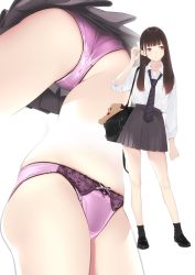 Rule 34 | 1girl, ama mitsuki, arm up, ass, bag, black footwear, black skirt, bow, bow panties, brown eyes, brown hair, collared shirt, commentary request, full body, long hair, long sleeves, looking to the side, multiple views, necktie, original, panties, pink panties, pleated skirt, shirt, shoes, simple background, skindentation, skirt, socks, stuffed animal, stuffed toy, teddy bear, underwear, white background