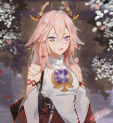 Rule 34 | 1girl, absurdres, animal ears, artist name, bare shoulders, blue eyes, blurry, blurry background, commentary, depth of field, detached sleeves, dress, english commentary, fox ears, hair between eyes, highres, krrvs, long hair, parted lips, pink hair, priestess, solo, yae miko