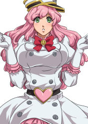 Rule 34 | 1girl, :o, anime coloring, badge, belt, bleach, bleach: sennen kessen-hen, blush, bow, bowtie, breasts, brooch, cowboy shot, dress, frills, gloves, green eyes, hat, heart, jewelry, large breasts, long hair, looking at viewer, meninas mcallon, military, military uniform, namakemono (u446644k), parted lips, pink hair, red bow, red bowtie, simple background, solo, uniform, wandenreich, white background, white dress, white gloves