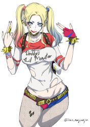Rule 34 | &gt;:), 1girl, batman (series), belt, blonde hair, blue eyes, bracelet, breasts, choker, clothes writing, collarbone, cowboy shot, dc comics, earrings, elbow sleeve, english text, fishnet pantyhose, fishnets, groin, hair ornament, harley quinn, isao, jewelry, lipstick, long hair, looking at viewer, makeup, medium breasts, midriff peek, navel, pantyhose, parted lips, red lips, shirt, short shorts, short sleeves, shorts, smile, solo, spiked bracelet, spikes, suicide squad, t-shirt, torn clothes, torn shirt, twintails, twitter username, v-shaped eyebrows, white background