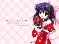 Rule 34 | 1girl, box, capelet, christmas, gift, gift box, hair ornament, holding, holding gift, holly, holly hair ornament, looking at viewer, merry christmas, nanao naru, open mouth, original, purple hair, santa costume, solo, wallpaper